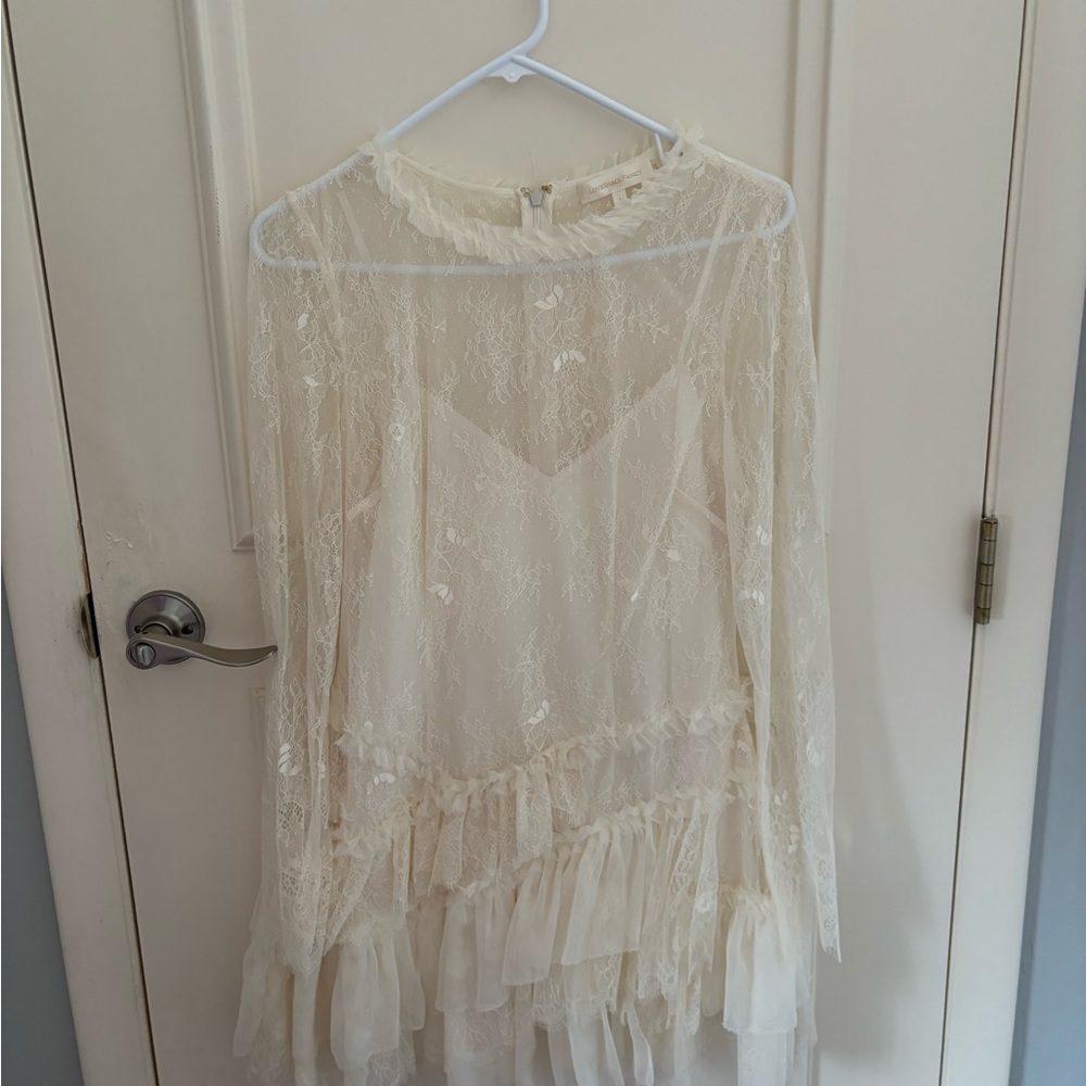 LoveShackFancy Cream Lace Long Sleeve Mini Dress